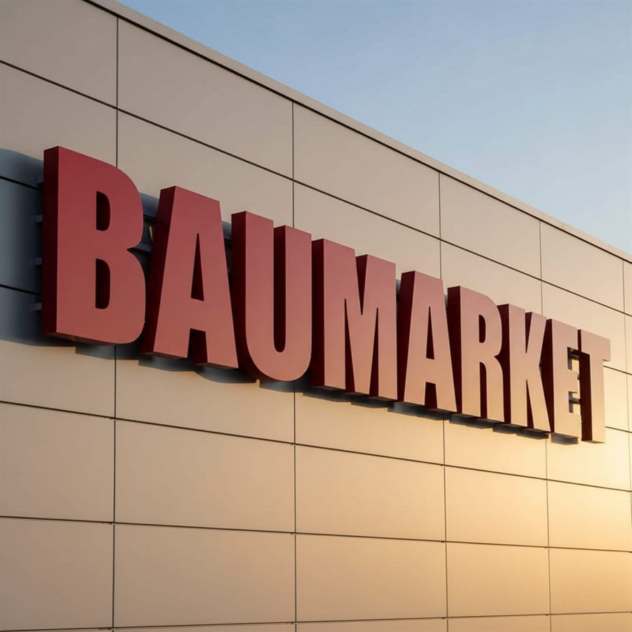 Црвени светлечки 3Д букви BAUMARKET на фасада