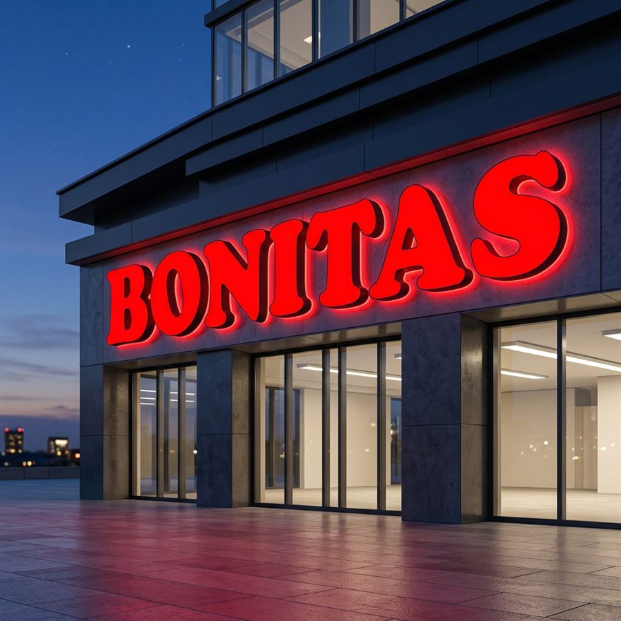 Црвена светлечка реклама BONITAS на продавница